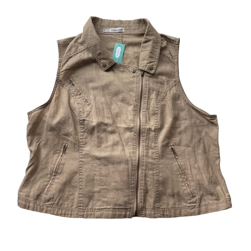 Maurices Asymmetrical Zip Vest Tan Brown Khaki Plus Size 3XL Safari Linen NWT - Picture 14 of 16